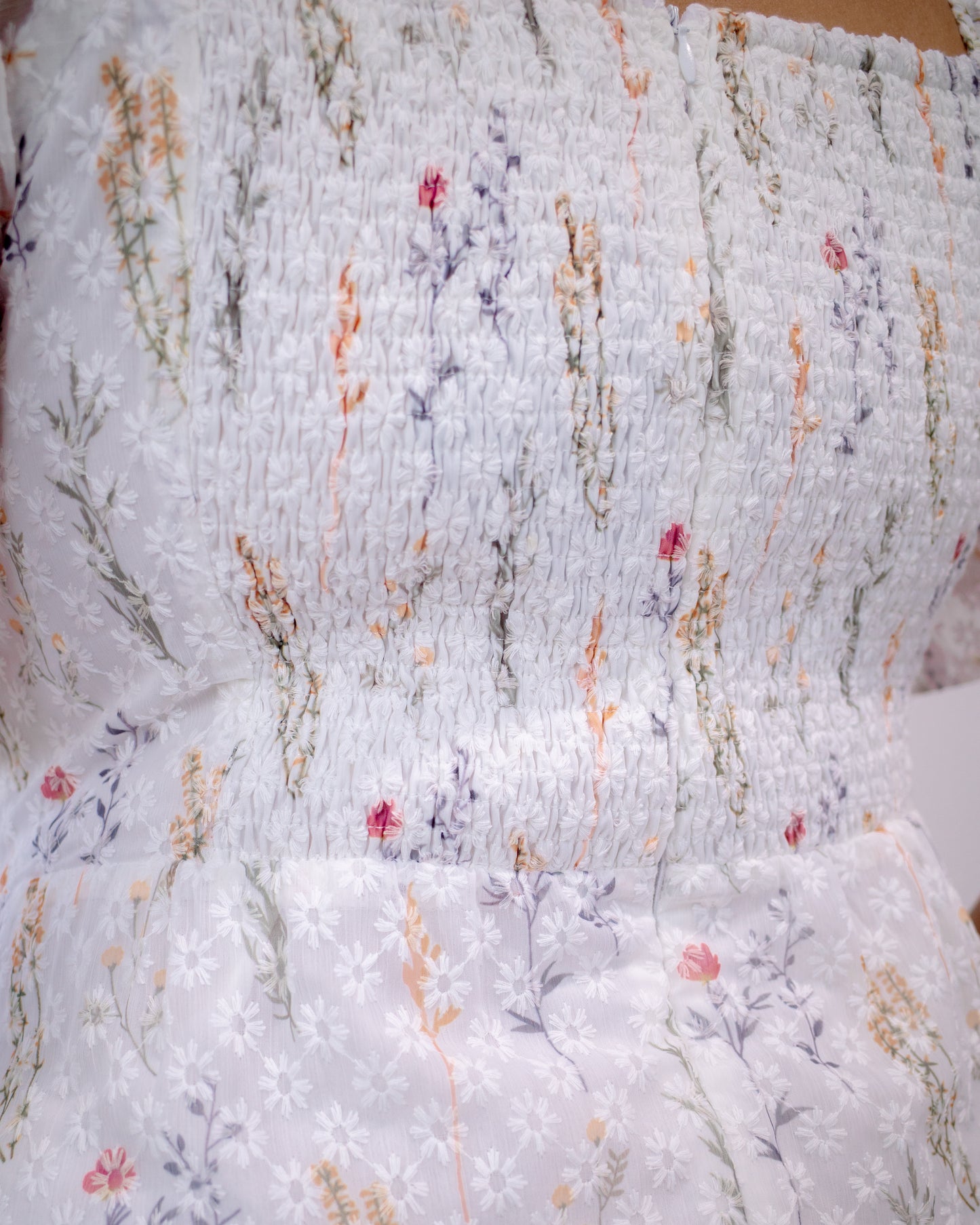 The Mad Theories Willow Ruched Mesh Floral Dress