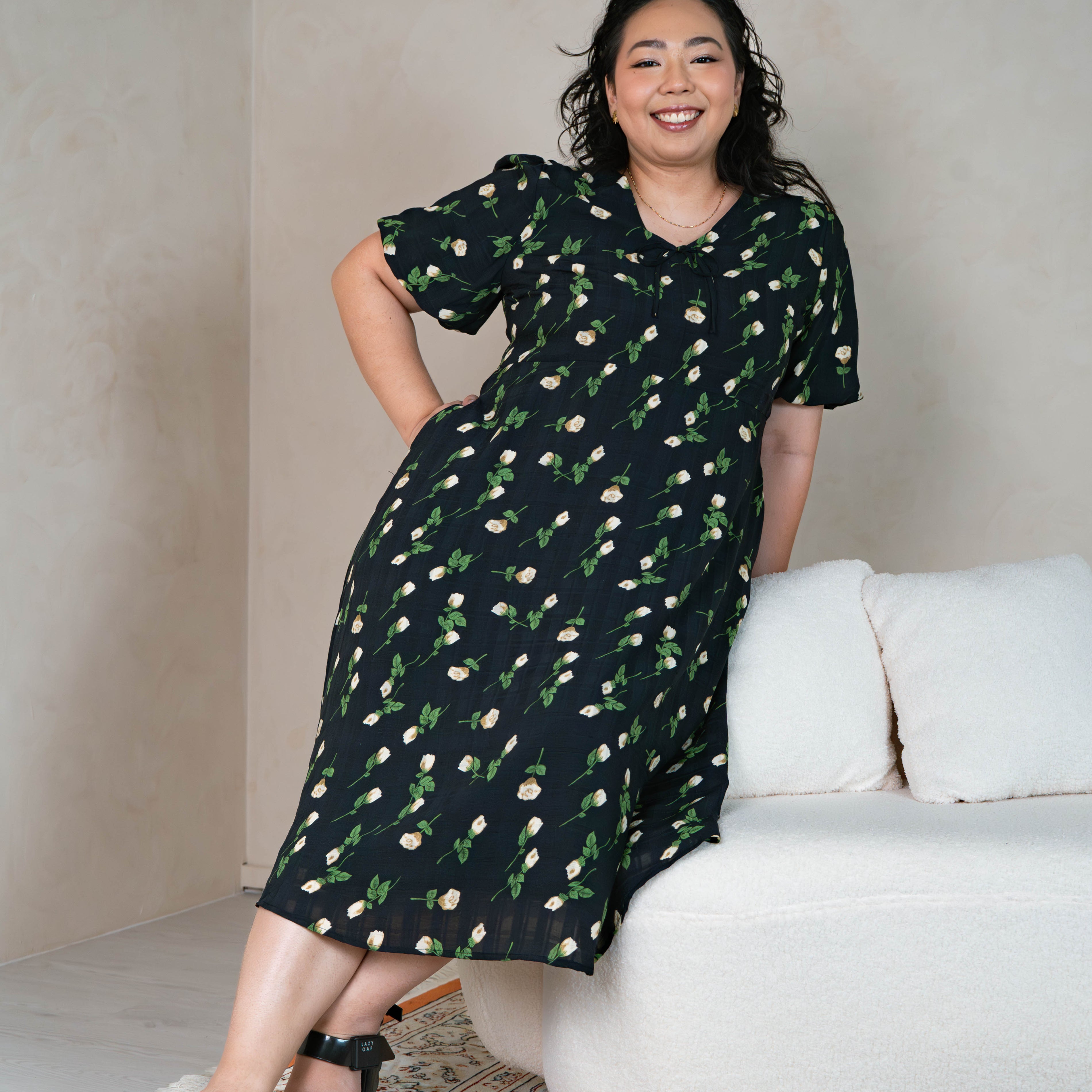 The Mad Theories Rosie Checkered Floral V-Neck Dress