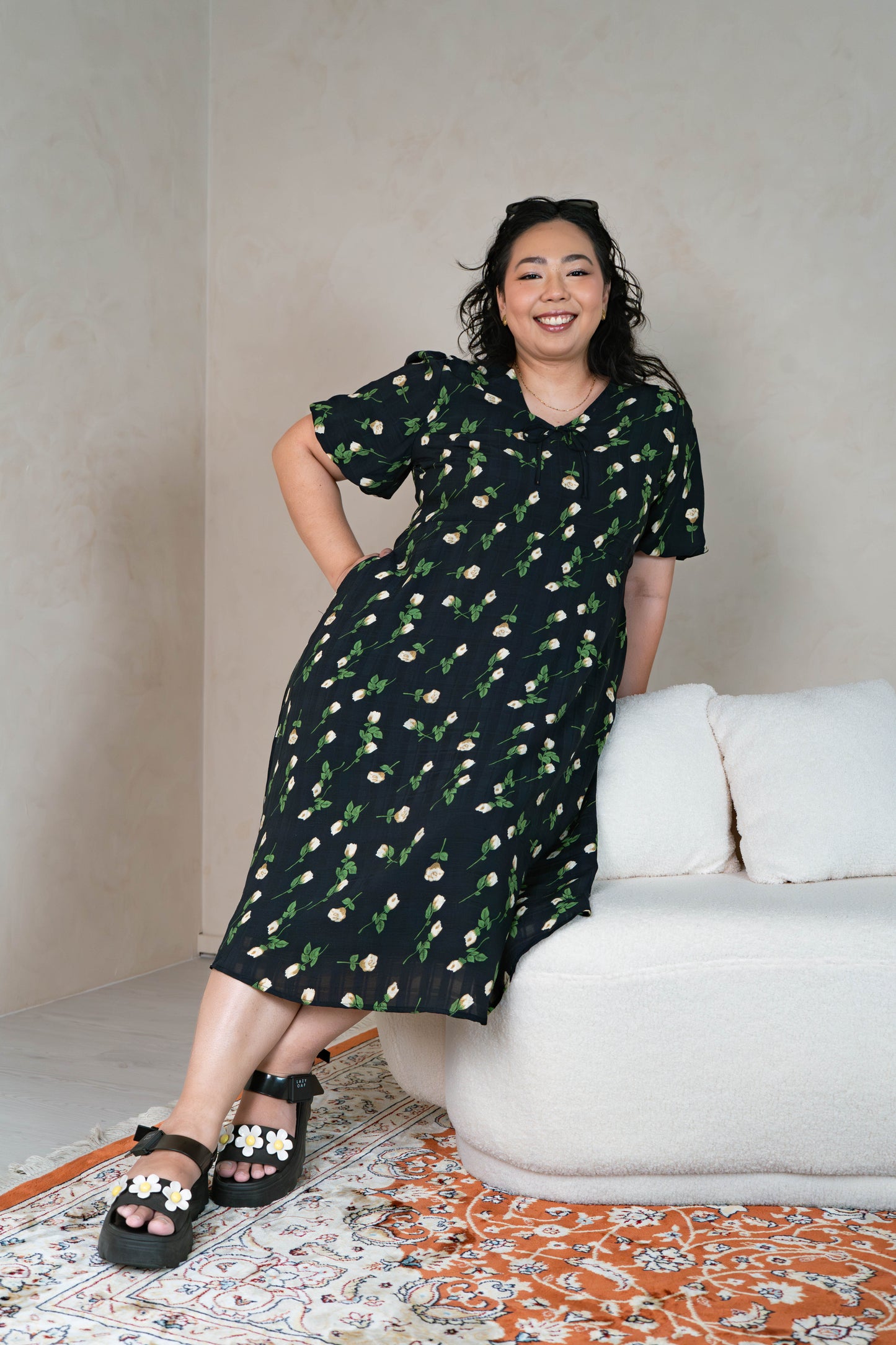 The Mad Theories Rosie Checkered Floral V-Neck Dress