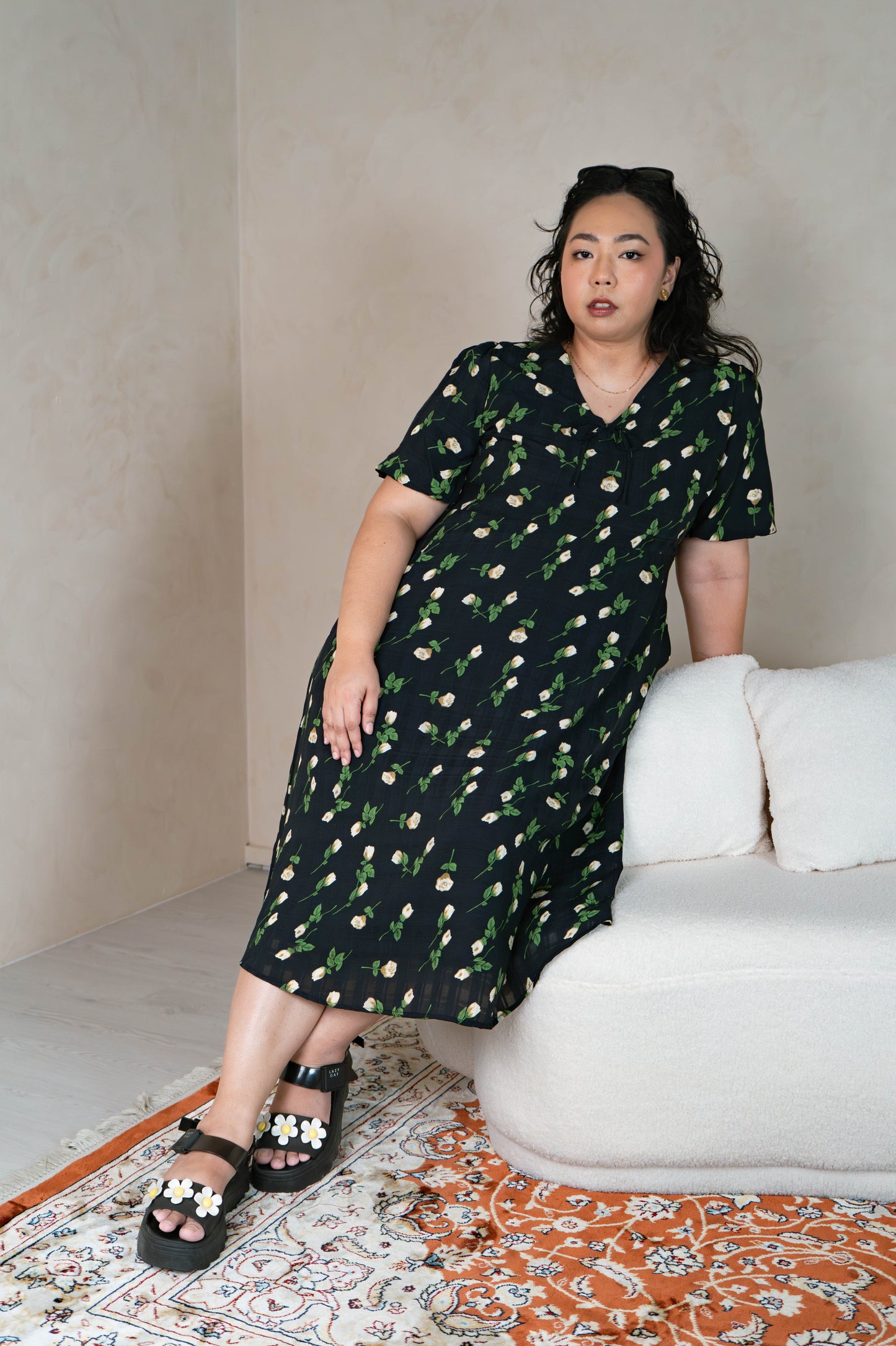 The Mad Theories Rosie Checkered Floral V-Neck Dress