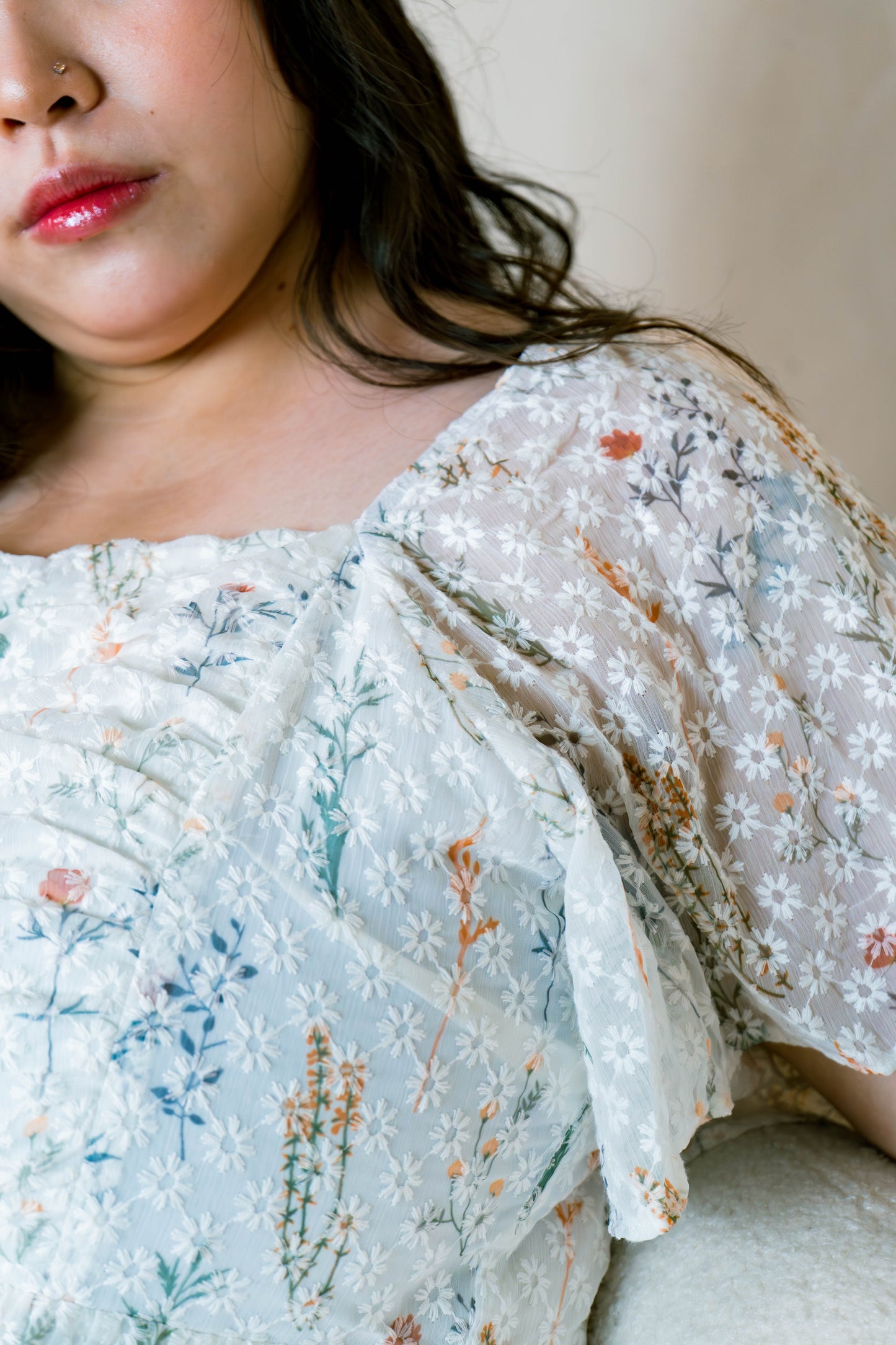 The Mad Theories Willow Ruched Mesh Floral Dress