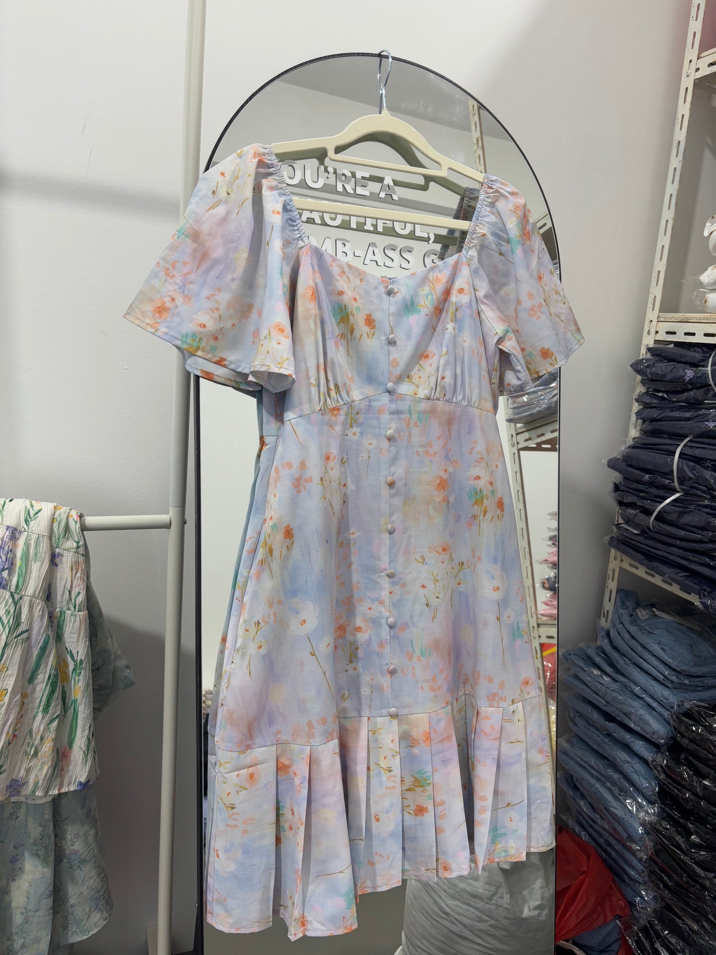THE MAD THEORIES Penelope Dropwaist Romper Dress (Watercolour Floral, Black, White)