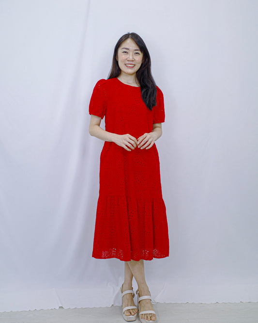 THE MAD THEORIES Charlotte Shift Eyelet Dress (Red, Blue)