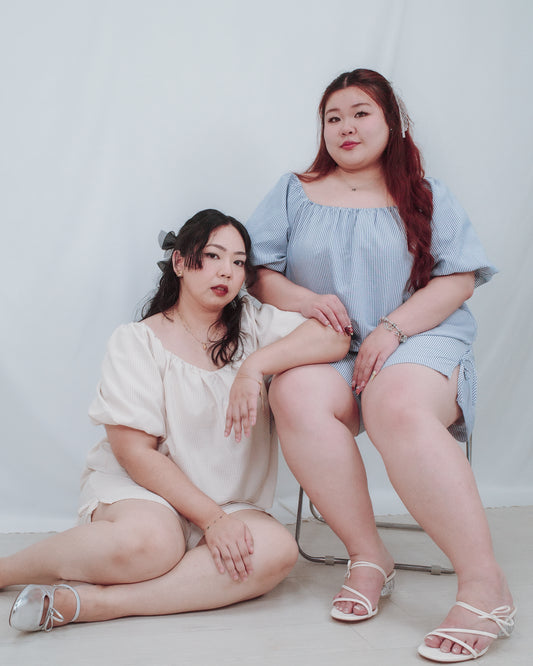 THE MAD THEORIES Elodie Seersucker Co-ord Set (Blue & Beige)