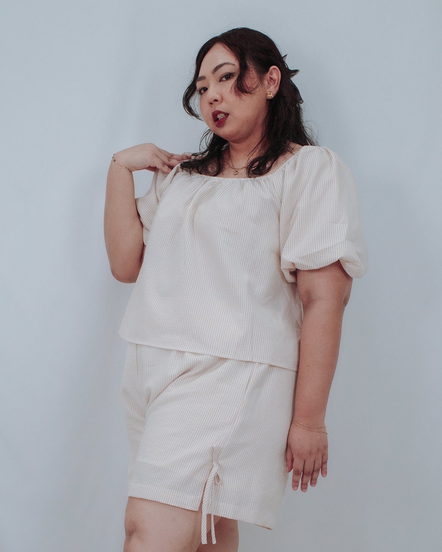 THE MAD THEORIES Elodie Seersucker Co-ord Set (Blue & Beige)